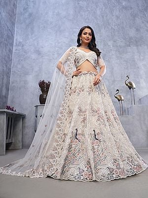 Soft Net Exquisite Sequins Work Peacock And Bagh Embroidery Fancy Wedding Wear Embellished Lehenga Choli With Attractive Dupatta