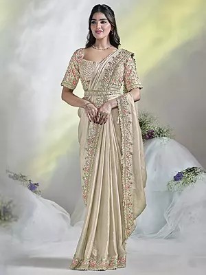 Thread Sequins And Moti Work Attractive Two Tone Satin Silk Saree With Floral Border