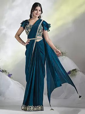 Two Tone Satin Silk Sequins And Moti Work Designer Party Wear Saree With Tassels Pallu