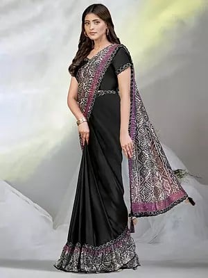 Sequins Work Fancy Wedding Wear Crepe Satin Silk Saree With Tassels Pallu