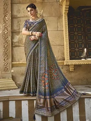 Gajji Silk Gota And Handwork Traditional Festive Wear Printed Saree With Tassels Pallu