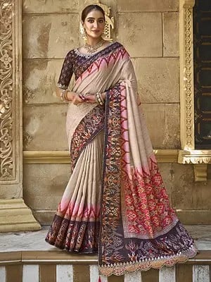 Floral Border And Gota Work Festive Wear Silk Saree With Tassels Pallu