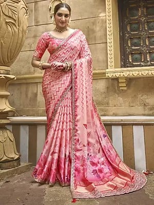 Foil With Moti Work Attractive Border Zig-Zag Pattern Printed Gajji Silk Saree