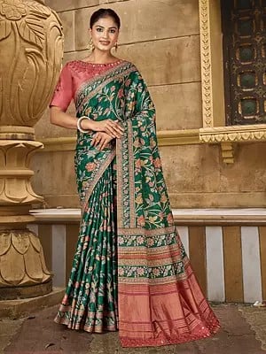 Mirror Work Border And All Over Floral Print Gajji Silk Saree For Casual Occasion