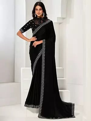 Sequins And Handwork Border Attractive Crepe Satin Silk Saree