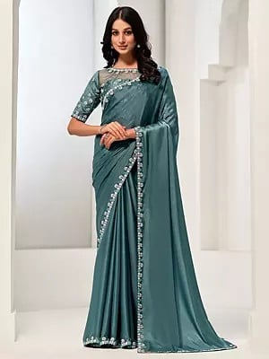 Sequins And Handwork Designer Party Wear Crepe Satin Silk Saree