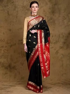 Jet-Black Pure Silk Saree with Zari Woven Motifs and Contrast Red Border & Anchal from Bangalore