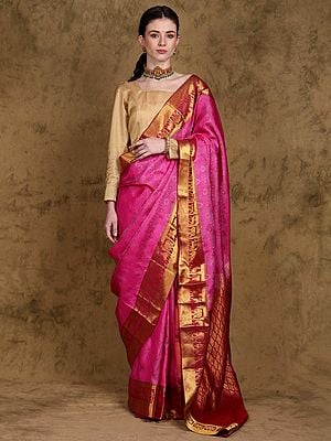 Phlox-Pink Birds and Animals Woven Pure Silk Saree from Bangalore with Zari work Border