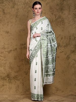 Snow-White Pure Silk Baluchari Saree from Bengal with Woven Radha Krishna and Gopis