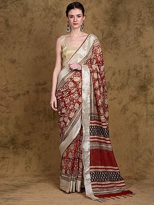 Burnt-Brick Crepe Silk Floral Vine Printed Kalamkari Saree with Shimmer Border