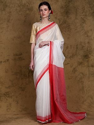 Lucent-White Stripes Weave Saree from Banaras with Red Border