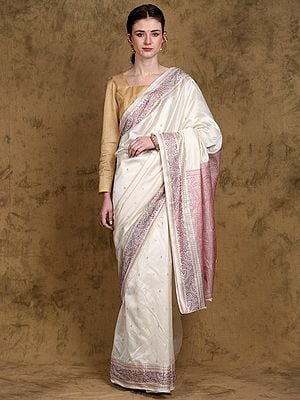 Cannoli-Cream Katan Silk Paisley Woven Saree with Zari work from Banaras