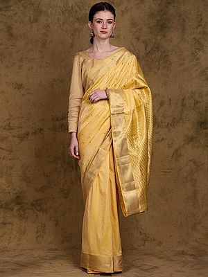 Sunset-Gold Floral Pattern Pure Silk Saree from Bangalore with Zari Weave