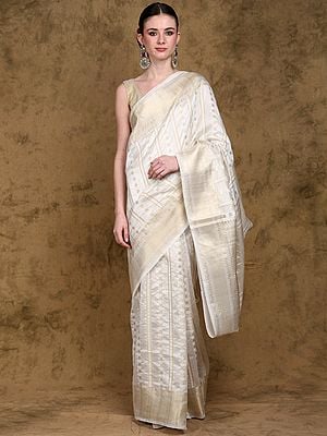 Snow-White Art Silk Saree from Banaras with Golden Zari Woven Polka Dots and Stripes