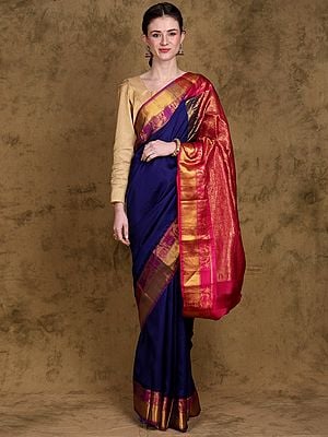 Medieval-Blue Pure Silk Handloom Saree from Bangalore with Golden Thread work Wedding Scene Border