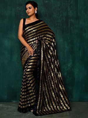 Night-Black Heavy Sequence Work All Over Blooming Georgette Fancy Striped Pattern Saree