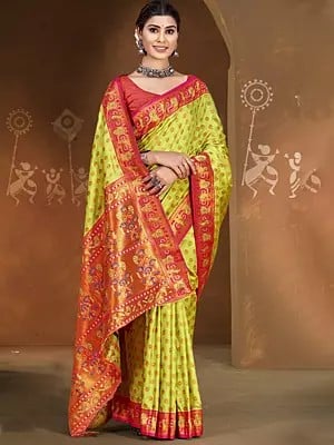 Small Motifs All Over Festive Wear Silk Saree With Floral Tassels Pallu