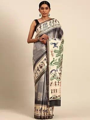 Warli Art Printed Festive Wear Cotton Saree With Designer Pallu