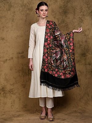 Black-Onyx Pure Wool Kashmiri Stole with Aari Hand-Embroidered Birds and Flowers