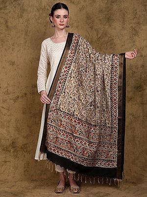 Multicolor Floral Printed Kalamkari Dupatta from Telangana with Zari work Border