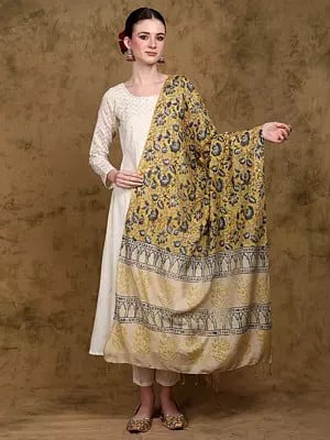 Super-Lemon Floral Vine Printed Kalamkari Dupatta from Telangana