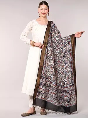 Capulet-Olive Kalamkari Dupatta from Telangana with Floral Print and Zari woven Contrast Border