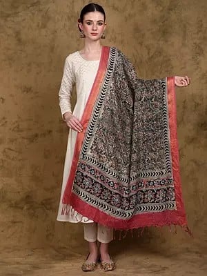 Capulet-Olive Kalamkari Dupatta from Telangana with Floral Print and Zari woven Contrast Border