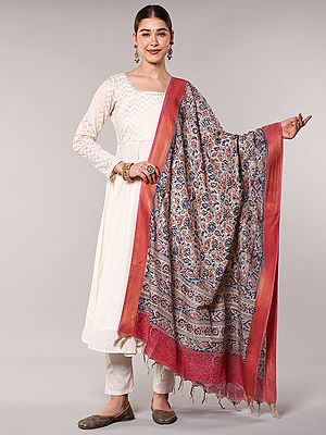 Kalamkari Zari Border Silk Dupatta from Telangana with Printed Flowers