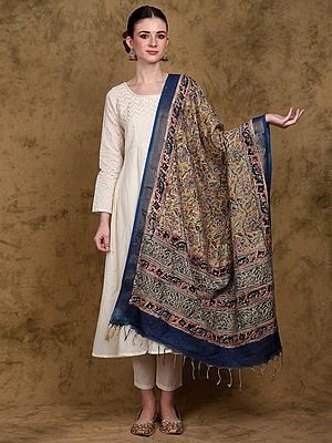 Cress-Green Kalamkari Zari Border Silk Dupatta from Telangana with Printed Flowers