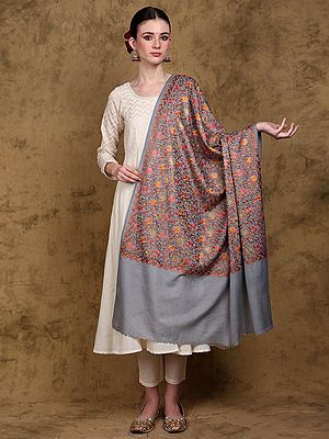Pure Wool Shawl from Amritsar with Chain Stitch Embroidered Floral Jaal