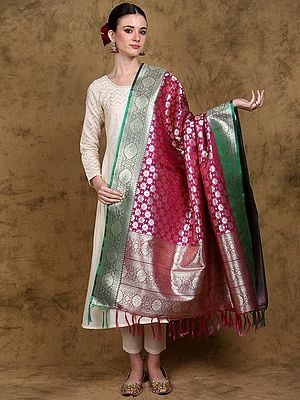 Banarasi Art Silk Dupatta with Zari Woven Golden Floral Bootis and Contrast Border