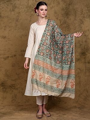 Frosty-Spruce Block Printed Kalamkari Dupatta from Telangana