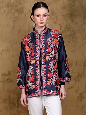 Patriot-Blue Kashmiri Short Jacket with Floral Aari Embroidery in Multicolor