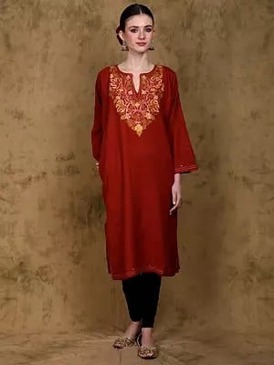 Rooibos-Tea Wool Phiran from Kashmir with Aari Embroidery on Neck