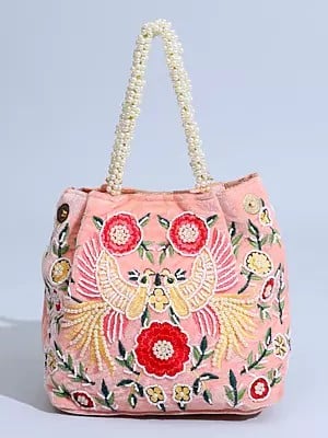 Seashell-Pink Velvet Bird Embroidered Hand Bag with Beads Work