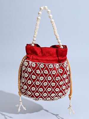 Savvy-Red Drawstring Potli Bag with Bead-Crystal Embroidery