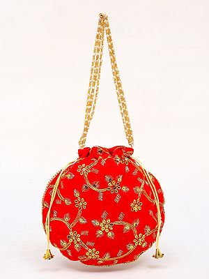 Poppy-Red Potli Bag with Beaded Handle and Golden Thread work & Sequins