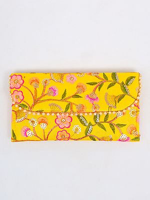 Yellow-Balloon Floral Thread Embroidered Clutch Hand Bag with Sequins work