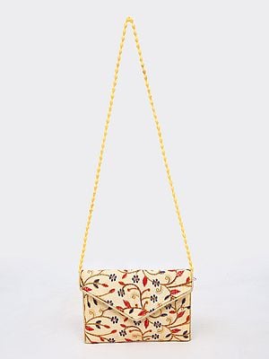 Almond-Oil Floral Embroidered Clutch Sling Bag with Damru Dori