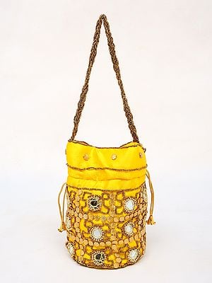 Vibrant-Yellow Drawstring Potli Bag with Beads and Mirror Embroidery