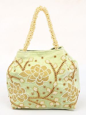 Light-Green Velvet Hand Bag with Floral Beads-Crystal Embroidery