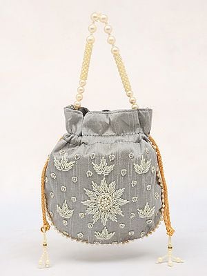 Quiet-Gray Silk Potli Bag with Beads Embroidery