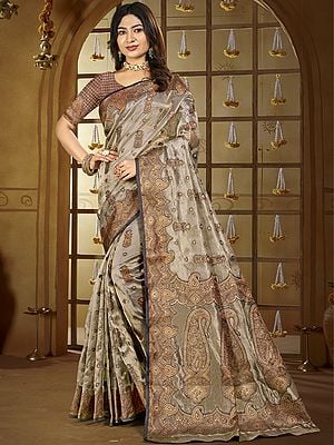 Woven Big Paisleys Motifs Festive Wear Silk Saree With Contrast Border