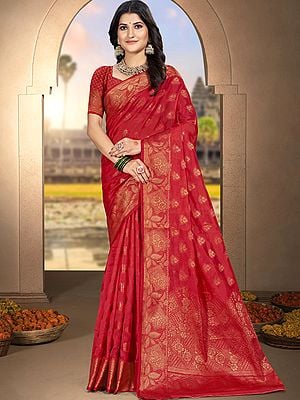 Woven Floral Motifs Border Attractive Silk Saree With Blouse For Festive Occasion