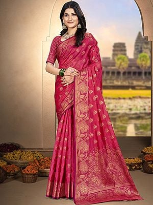 Woven Floral Motifs Border Attractive Silk Saree With Blouse For Festive Occasion