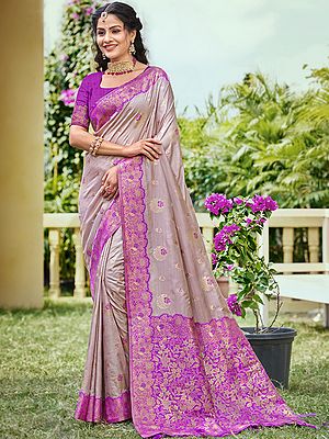 Pink Silk Saree with Intricate Floral Border and Tassels