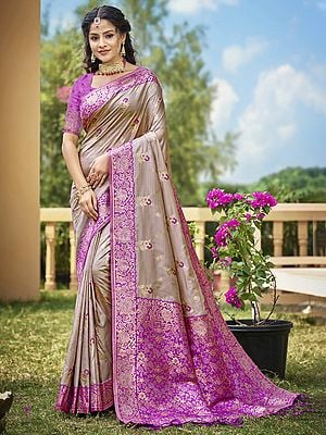 All Over Floral Motifs Festive Wear Banarasi Silk Saree With Attractive Tassels Pallu