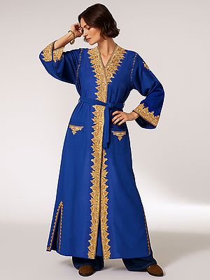 Turkish-Blue Kashmiri Robe with Aari Hand-Embroidered Flowers