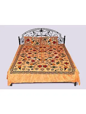 Apricot-Nectar Batik-Dyed Queen Size Bedspread with Pillow Cases and Printed Geometric Pattern