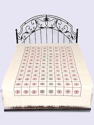 Ivory Pure Cotton Single-Bed Bedspread with All-Over Toda Embroidery from Tamil Nadu